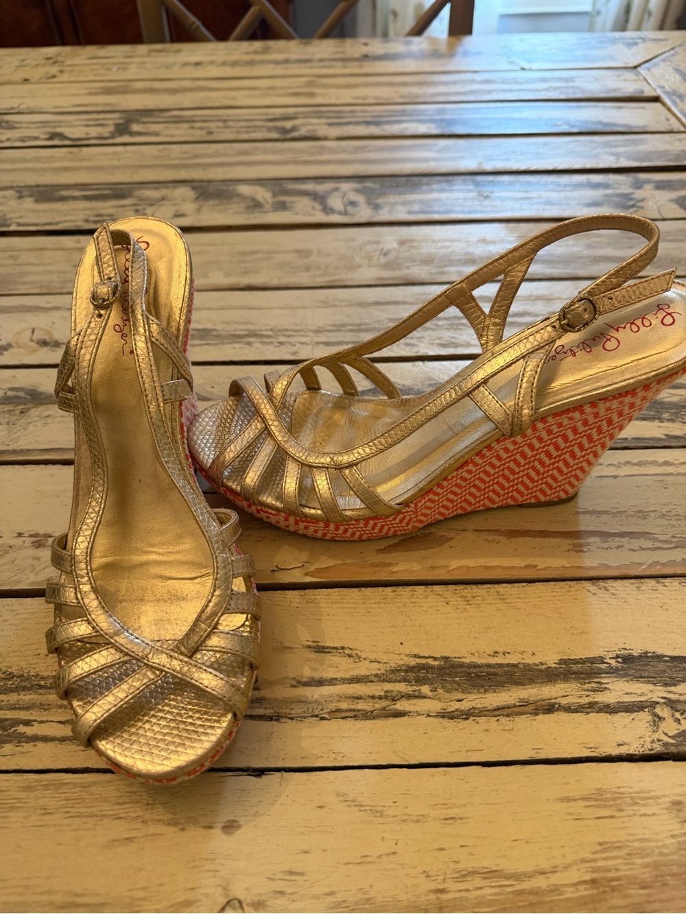 Lilly Pulitzer Sophie Gold Metallic Leather Raffia Wedge Platform - Picture 3 of 5